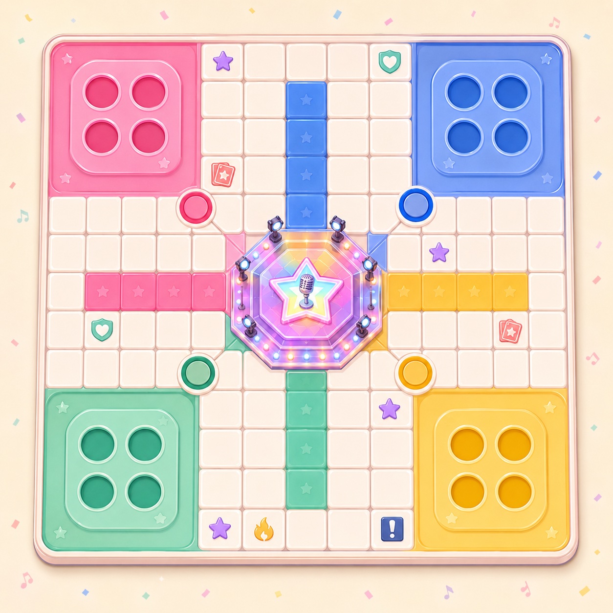 Debut Dice prototype board with colored team bases, stage tiles, and card spaces