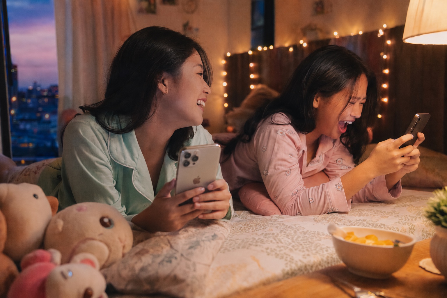 Friends laughing while playing a mobile game together